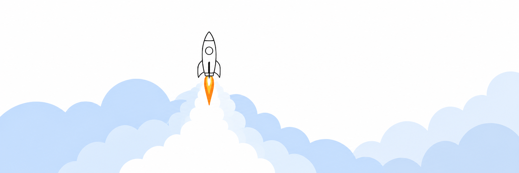 A hand-drawn rocket rising above pale blue clouds.